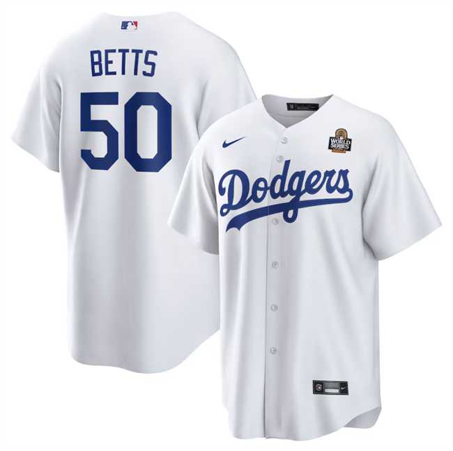 Men%27s Los Angeles Dodgers #50 Mookie Betts White 2024 World Series Cool Base Stitched Jersey Dzhi->los angeles dodgers->MLB Jersey